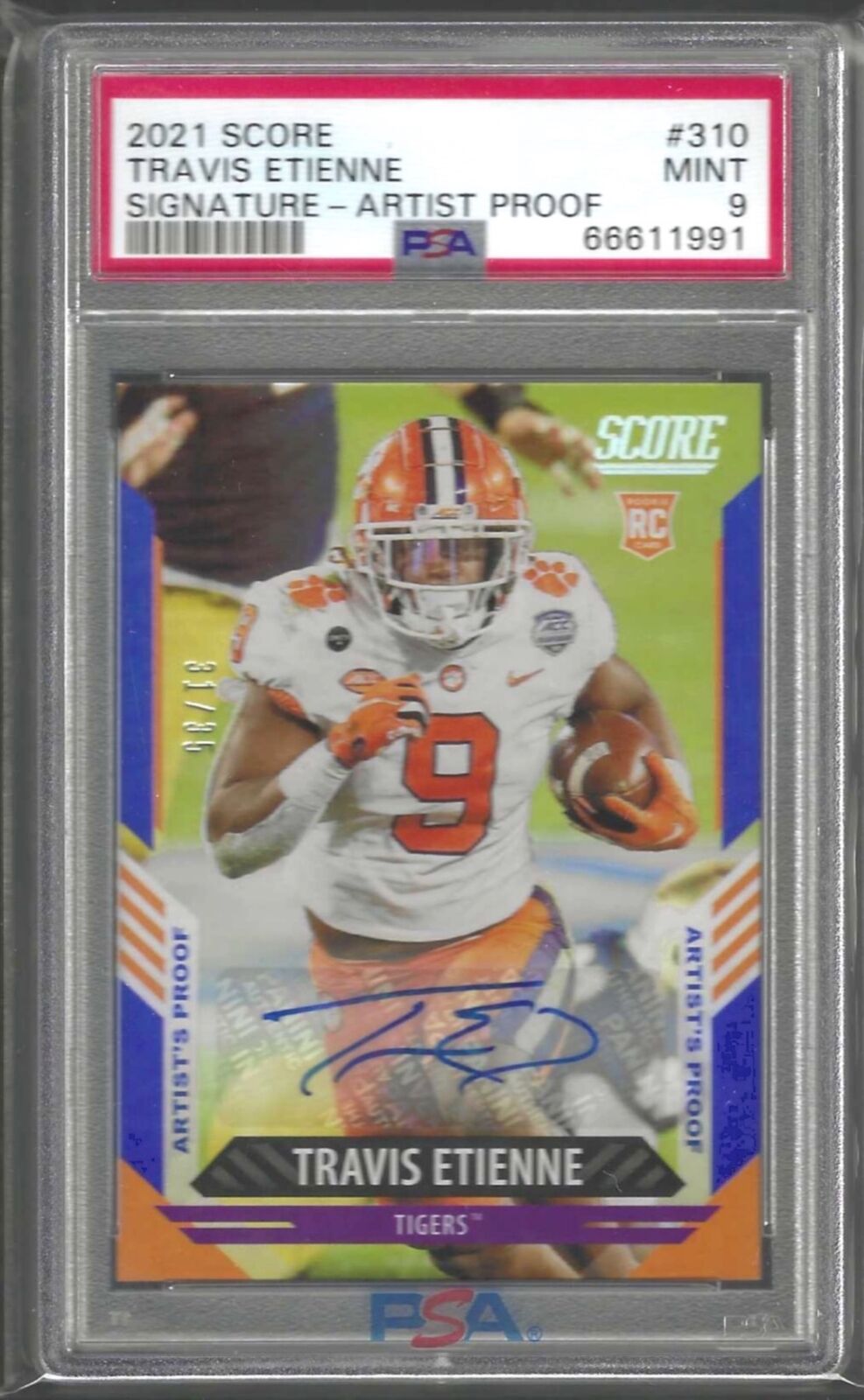 TRAVIS ETIENNE 2021 SCORE ARTIST'S PROOF BLUE ROOKIE AUTO RC /35 PSA 9 POP 1/1