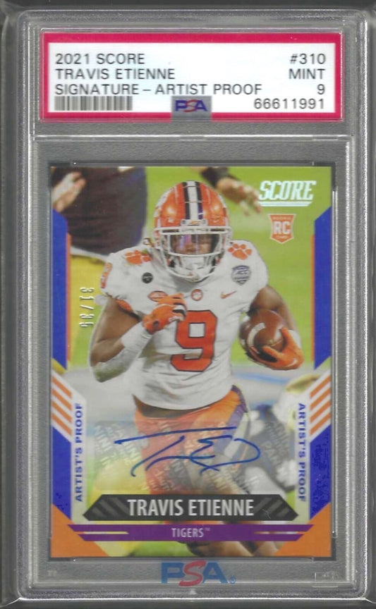 TRAVIS ETIENNE 2021 SCORE ARTIST'S PROOF BLUE ROOKIE AUTO RC /35 PSA 9 POP 1/1