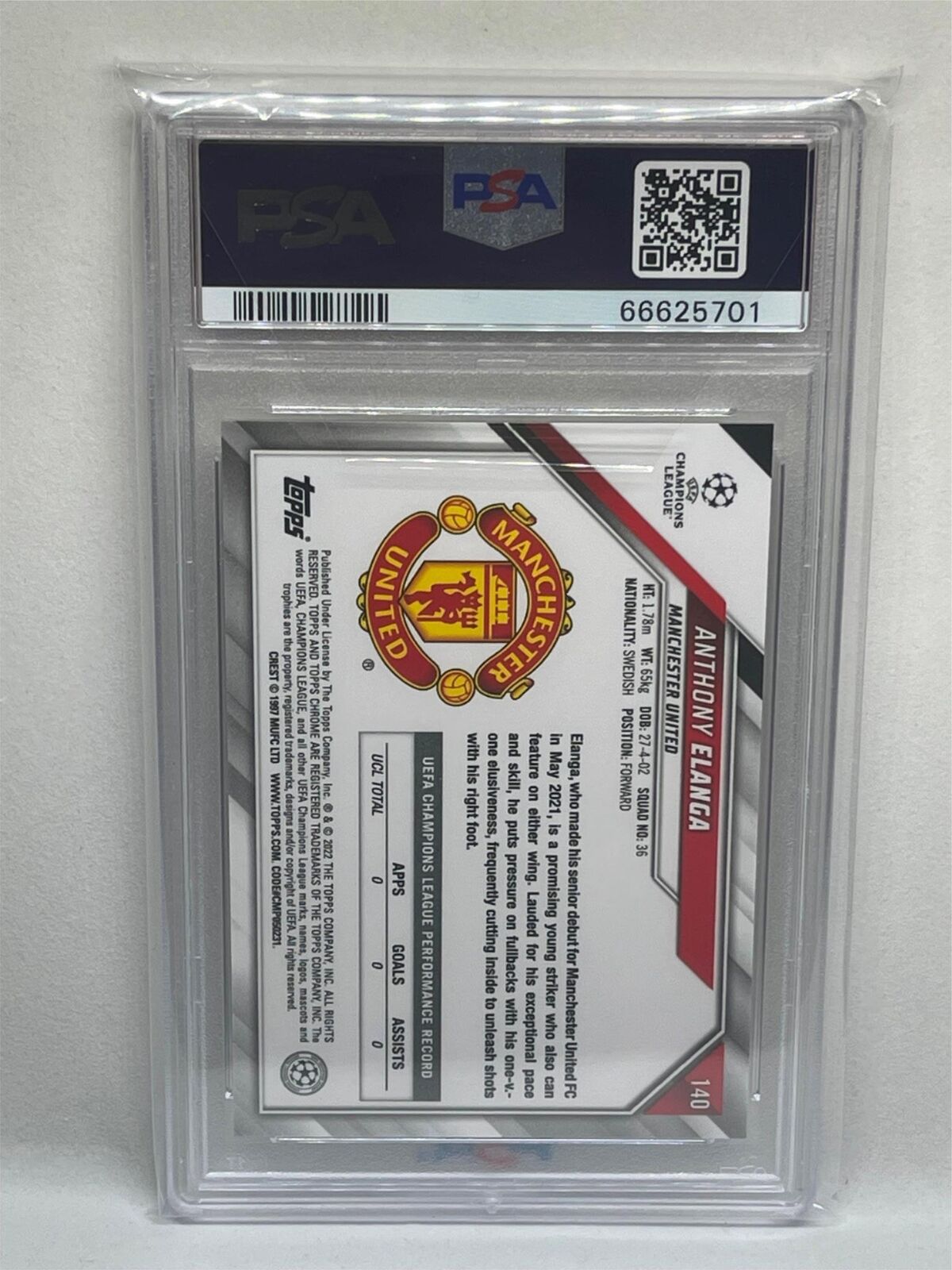 ANTHONY ELANGA 2021-22 TOPPS CHROME UCL #140 ROOKIE RC PSA 10 GEM MINT