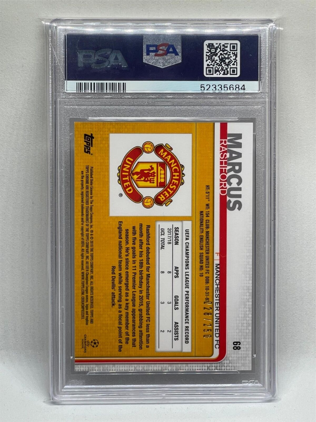 MARCUS RASHFORD 2018 TOPPS CHROME UCL PURPLE REFRACTOR ROOKIE RC #228/250 PSA 9
