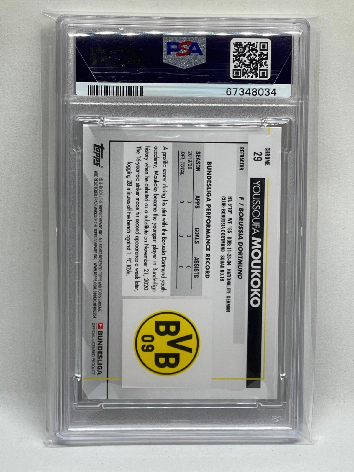 YOUSSOUFA MOUKOKO 2020-21 TOPPS CHROME BUNDESLIGA REFRACTOR ROOKIE RC #29 PSA 9