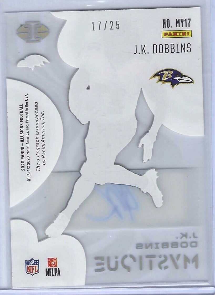 JK DOBBINS 2020 PANINI ILLUSIONS BLUE ACETATE MYSTIQUE ROOKIE AUTO RC #D 17/25