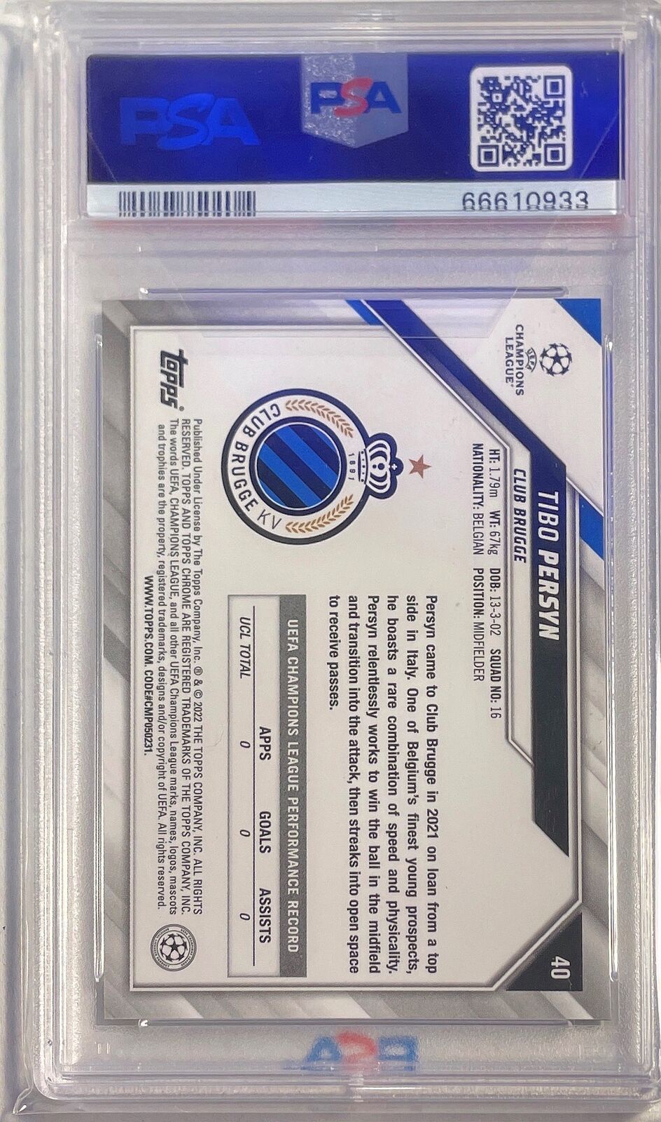 TIBO PERSYN 2021 TOPPS CHROME BLACK WHITE RAYWAVE REFRACTOR RC 40 PSA 10 POP 1/1
