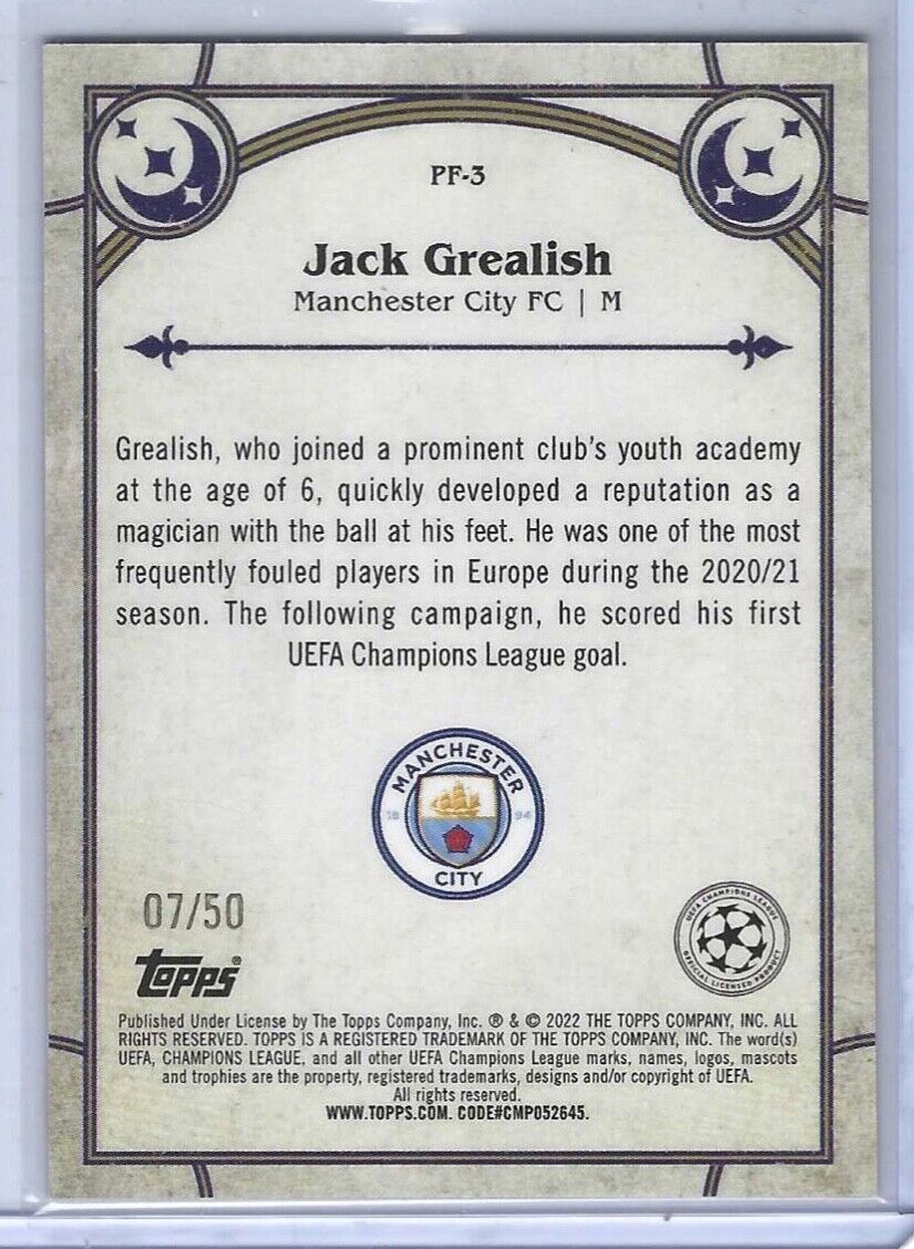 JACK GREALISH 2021-22 TOPPS MERLIN GOLD REFRACTOR PROPHECY FULFILLED #D /50