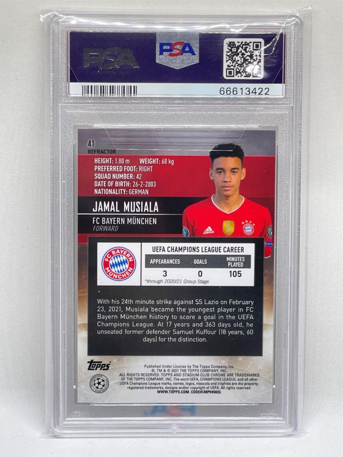 JAMAL MUSIALA 2020-21 TOPPS STADIUM CLUB CHROME REFRACTOR ROOKIE RC #41 PSA 9