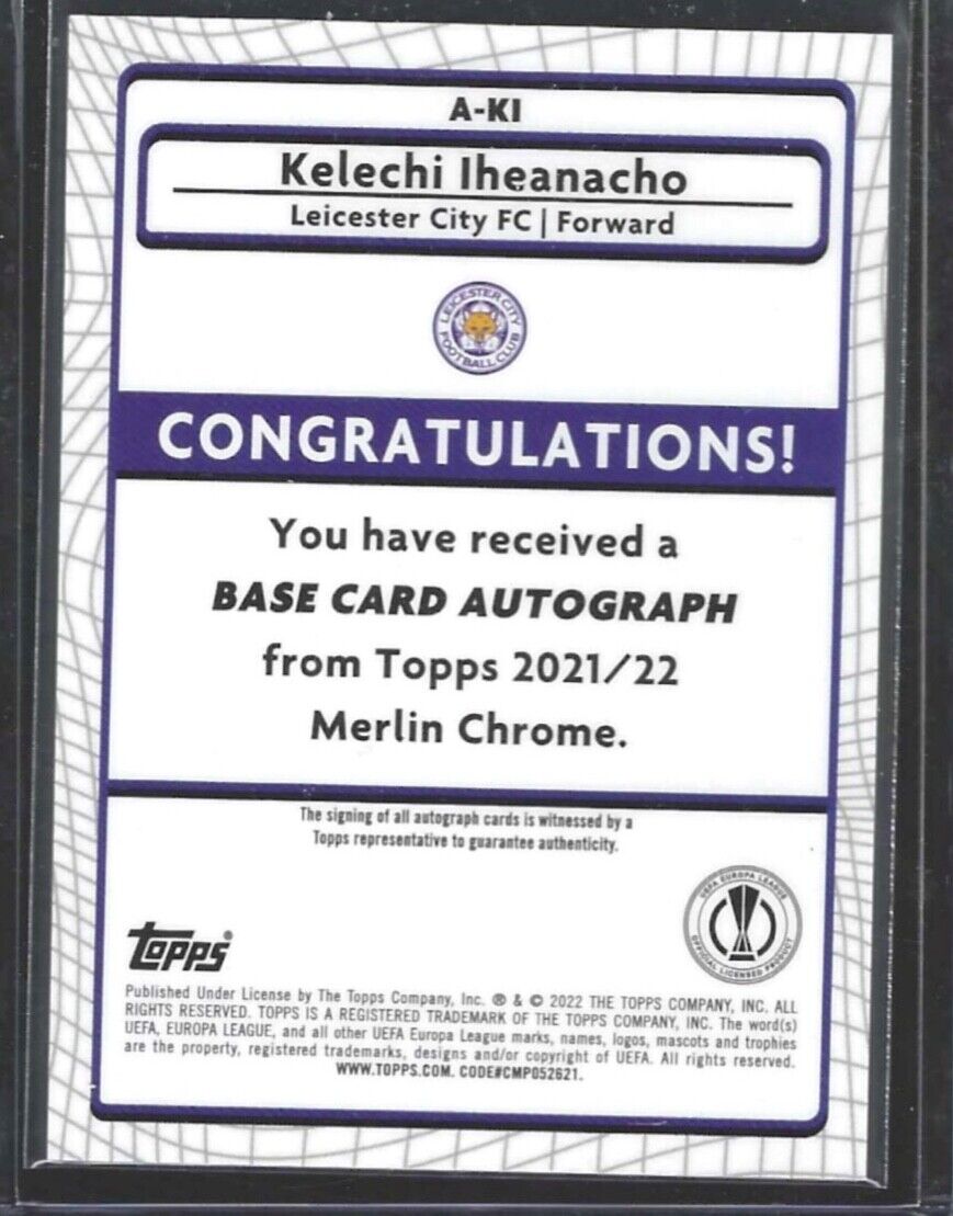 KELECHI IHEANACHO 2021-22 TOPPS MERLIN UEFA SILVER REFRACTOR AUTO #A-KI