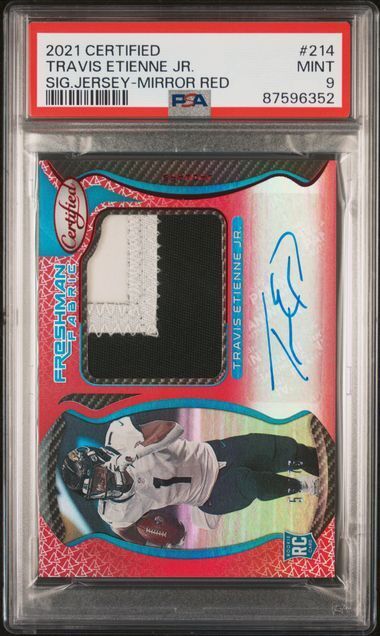 TRAVIS ETIENNE JR 2021 CERTIFIED MIRROR RED PATCH AUTO RC /75 PSA 9 MINT POP 1/1