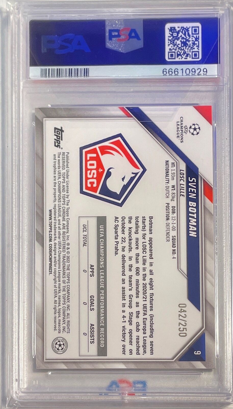 SVEN BOTMAN 2021-22 TOPPS CHROME PURPLE REFRACTOR RC #D 42/250 PSA 10 POP 1/1
