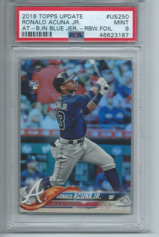 RONALD ACUNA JR 2018 TOPPS UPDATE AT BAT BLUE JERSEY RAINBOW FOIL RC #250 PSA 9