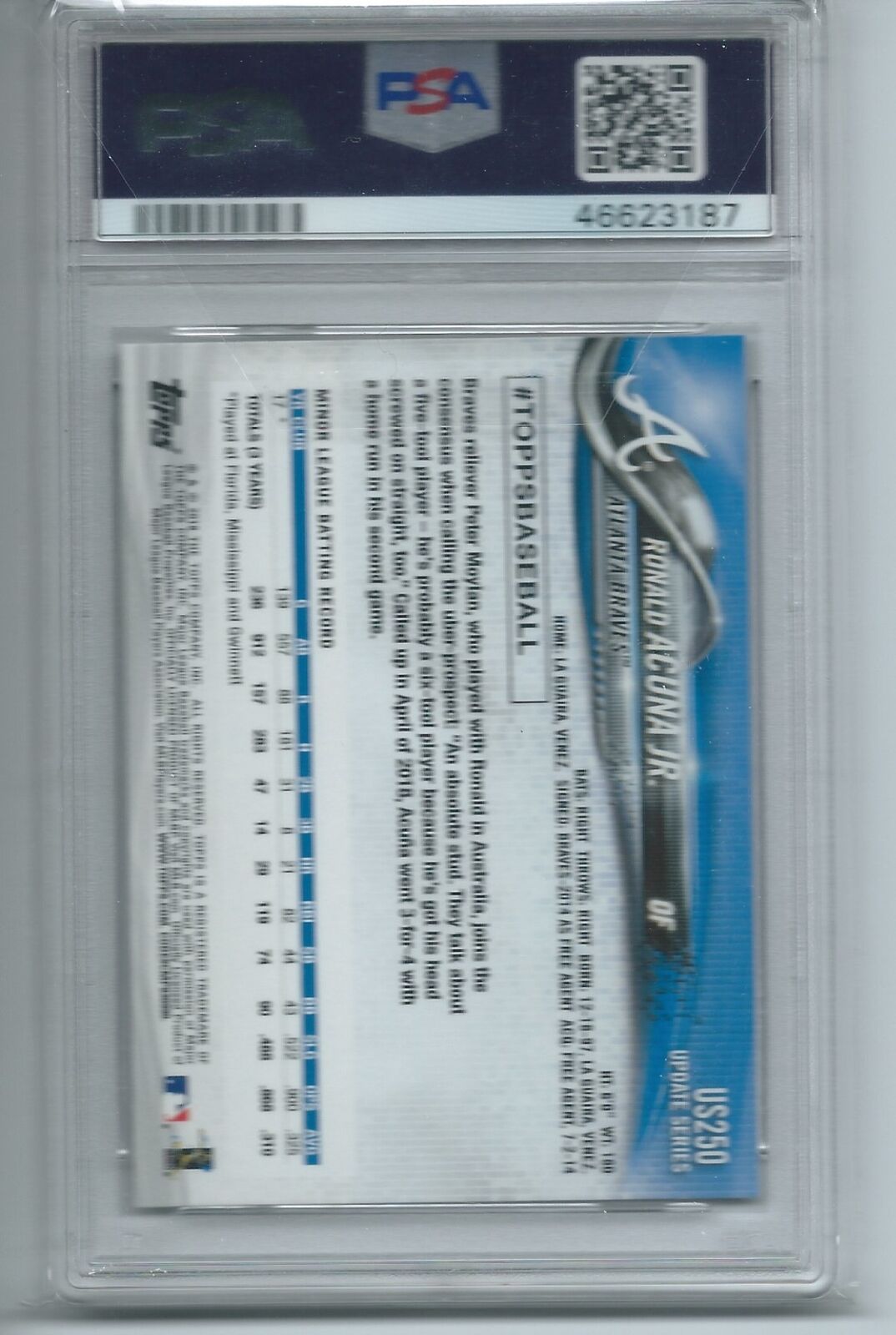 RONALD ACUNA JR 2018 TOPPS UPDATE AT BAT BLUE JERSEY RAINBOW FOIL RC #250 PSA 9