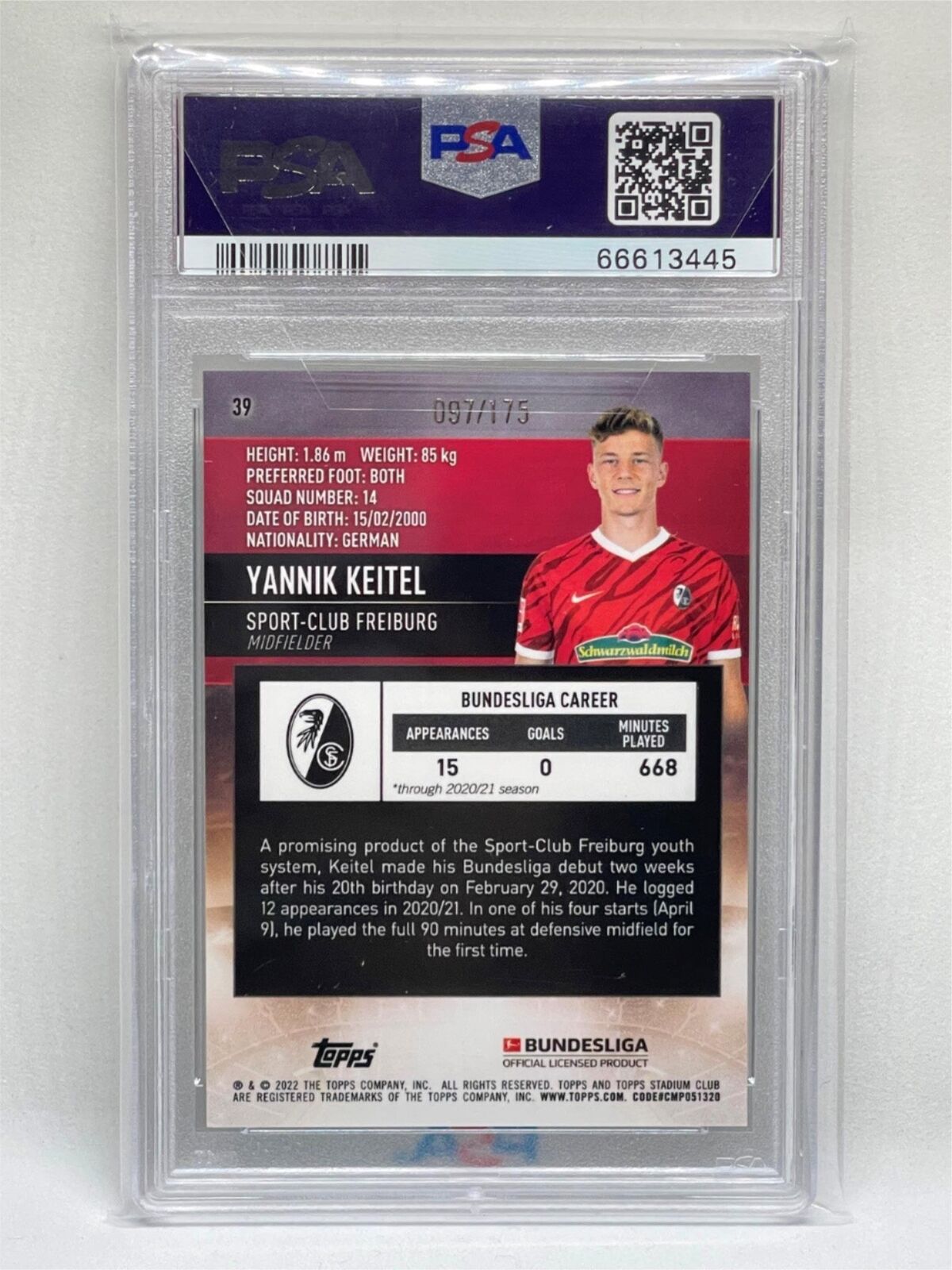 YANNIK KEITEL 2021 STADIUM CLUB CHROME AQUA GREEN REFRACTOR RC /175 PSA 10 POP 1