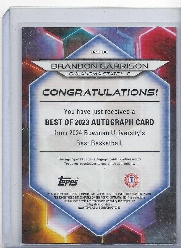 BRANDON GARRISON 2023 BOWMANS BEST UNIVERSITY OK ST REFRACTOR AUTO #D 25/125