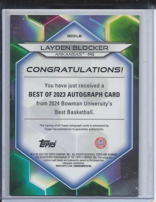 LAYDEN BLOCKER 2023 BOWMANS BEST UNIVERSITY ARKANSAS REFRACTOR AUTO #D 93/125