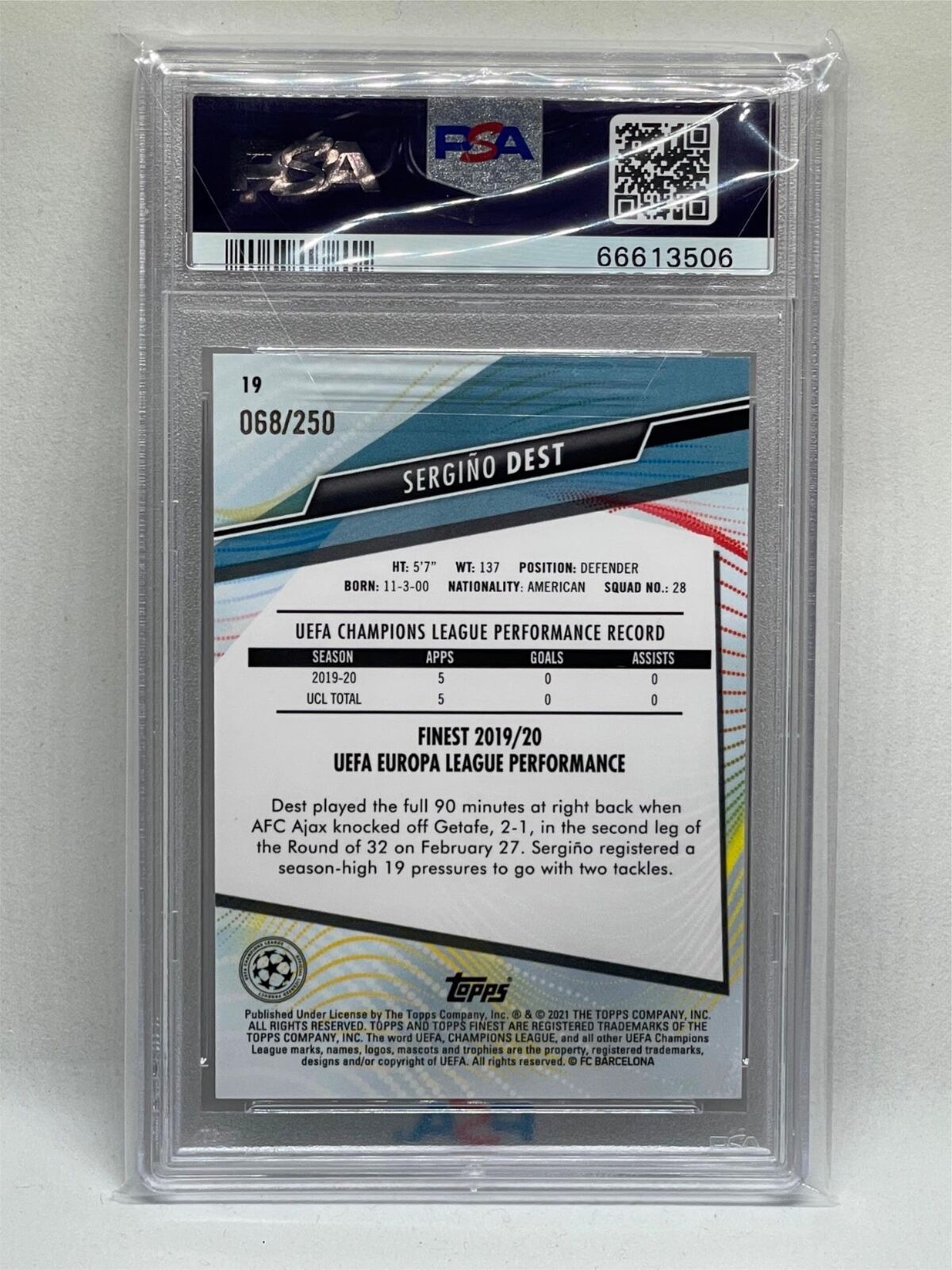SERGINO DEST 2020 TOPPS FINEST UCL PURPLE REFRACTOR RC #D 68/250 PSA 10 POP 1/1
