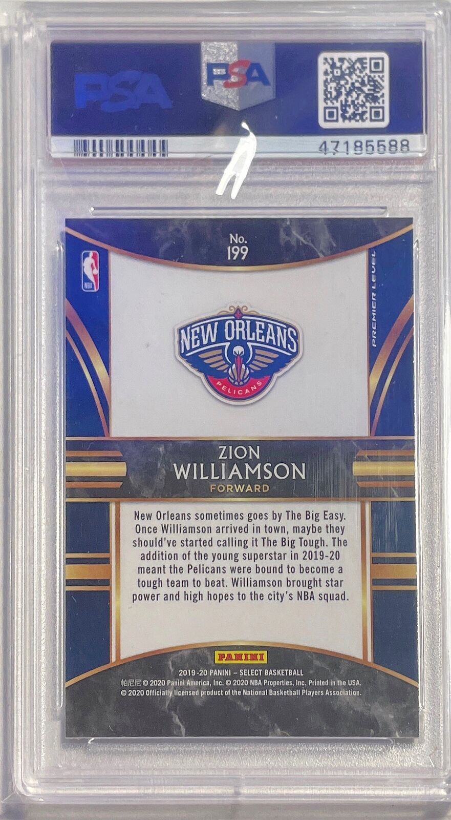 ZION WILLIAMSON 2019-20 PANINI SELECT PREMIER LEVEL ROOKIE RC #199 PSA 9 MINT