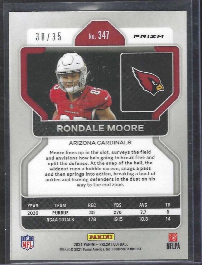 RONDALE MOORE 2021 PANINI PRIZM PURPLE NO HUDDLE PRIZM ROOKIE RC #D 30/35