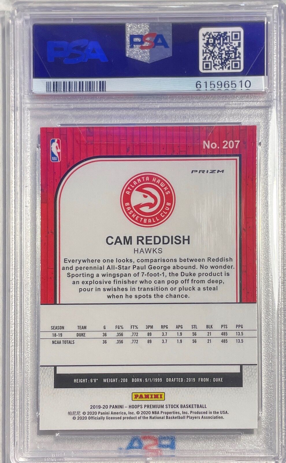 CAM REDDISH 2019-20 PANINI HOOPS PREMIUM STOCK SILVER PRIZM RC #207 PSA 9 MINT