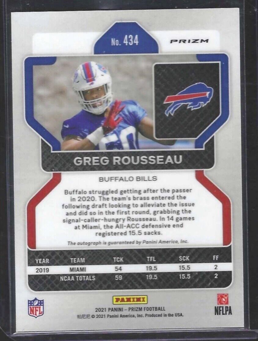 GREG ROUSSEAU 2021 PANINI PRIZM SILVER NO HUDDLE PRIZM ROOKIE AUTO RC #434
