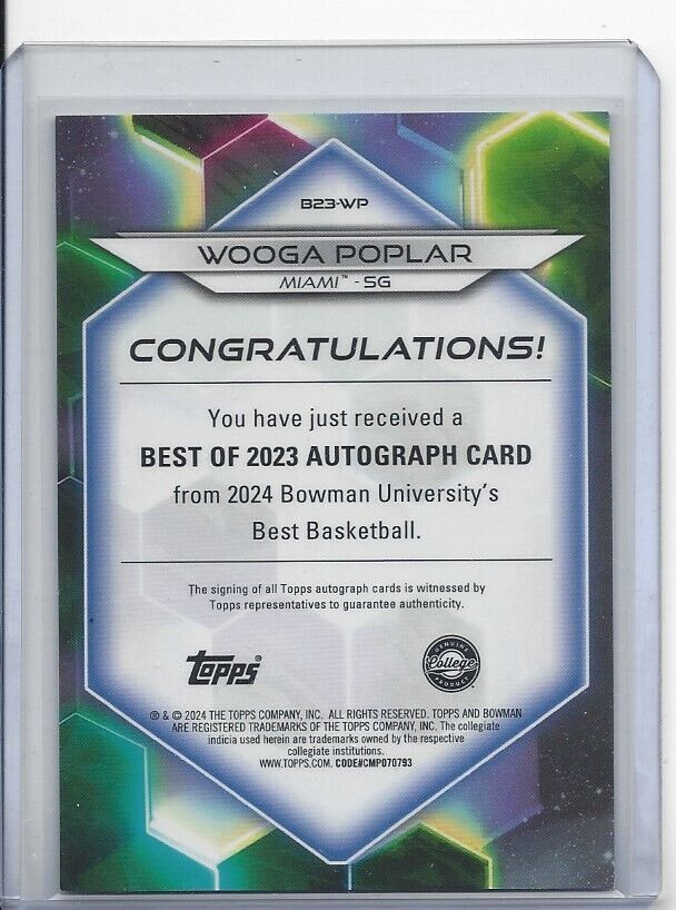 WOOGA POPLAR 2023 BOWMANS BEST UNIVERSITY MIAMI REFRACTOR AUTO #D 92/125