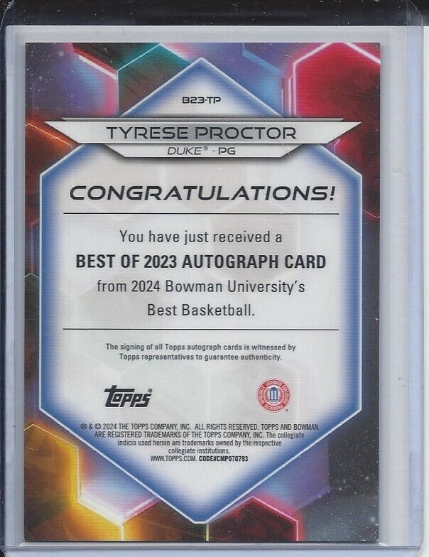 TYRESE PROCTOR 2023 BOWMANS BEST UNIVERSITY DUKE REFRACTOR AUTO #D 113/125