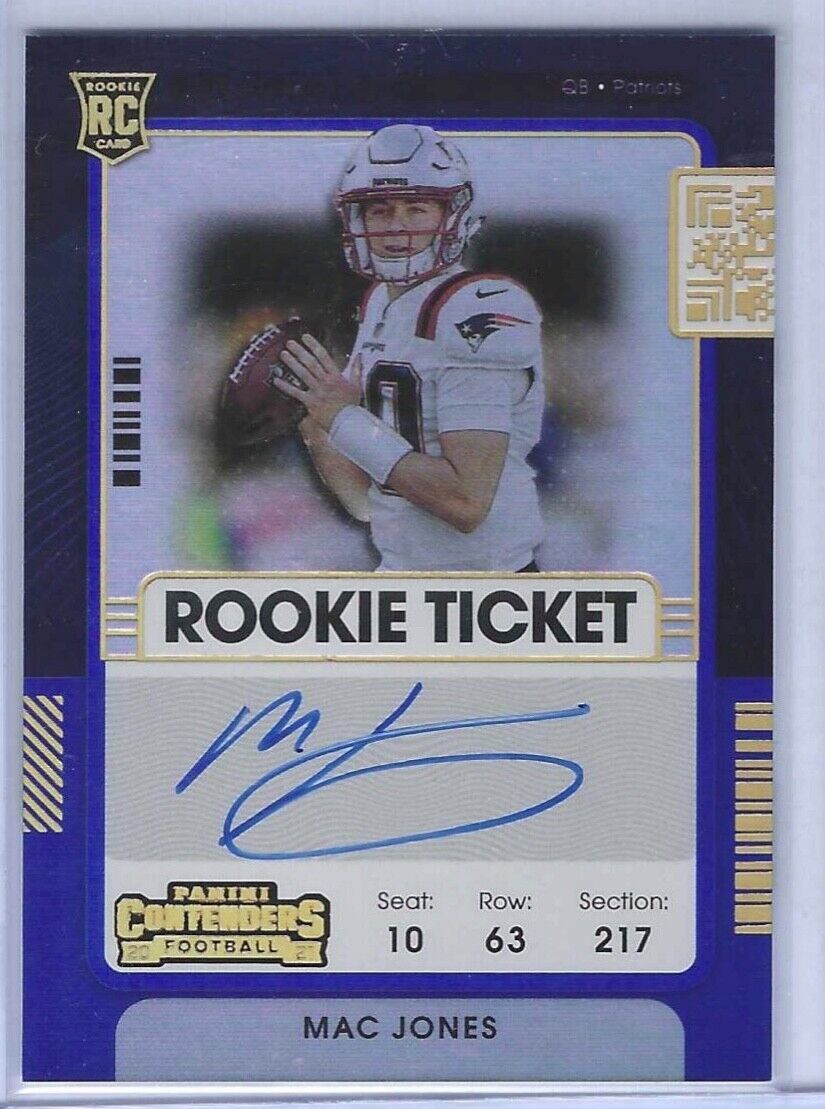 MAC JONES 2021 PANINI CONTENDERS BLUE FOIL ROOKIE TICKET VARIATION AUTO RC #109