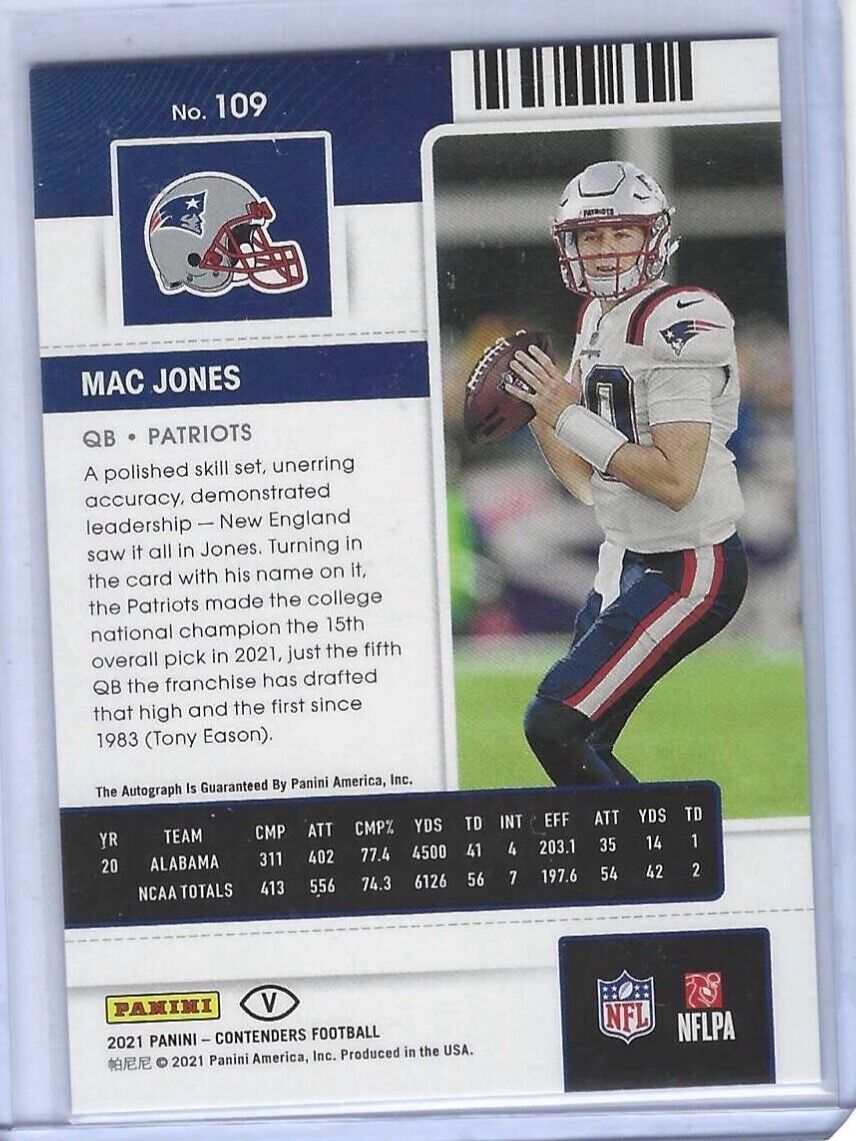 MAC JONES 2021 PANINI CONTENDERS BLUE FOIL ROOKIE TICKET VARIATION AUTO RC #109