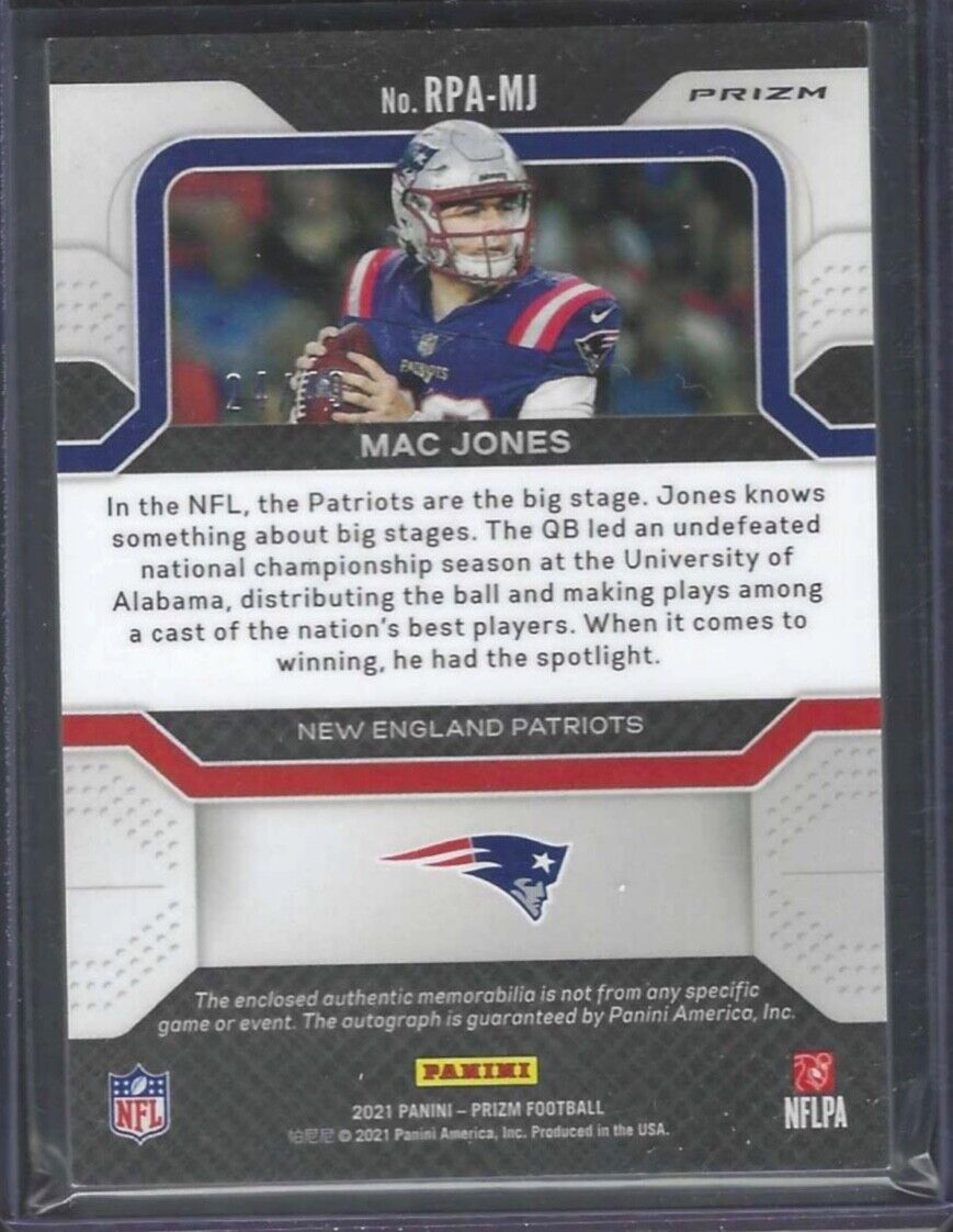 MAC JONES 2021 PANINI PRIZM PURPLE POWER PRIZM RPA ROOKIE PATCH AUTO RC #D 24/49