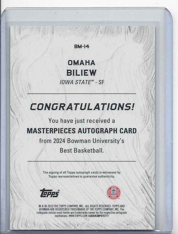 OMAHA BILIEW 2023 BOWMANS BEST ORANGE MASTERPIECES REFRACTOR #D 23/25