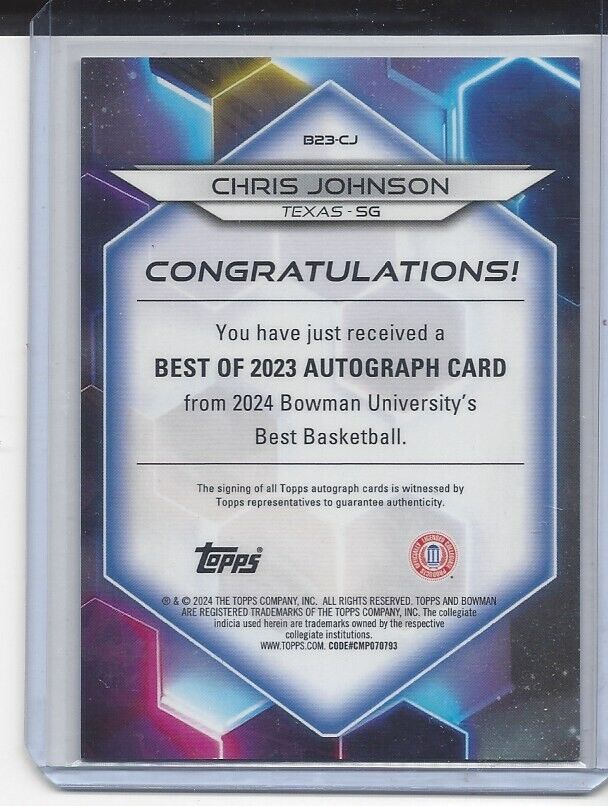 CHRIS JOHNSON 2023 BOWMANS BEST UNIVERSITY TEXAS REFRACTOR AUTO #D /125