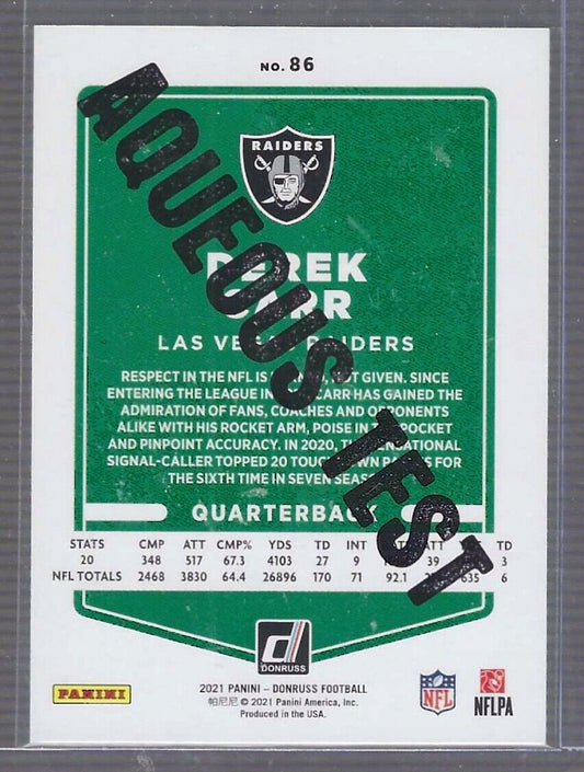 DEREK CARR 2021 PANINI DONRUSS AQUEOUS TEST SSP #86