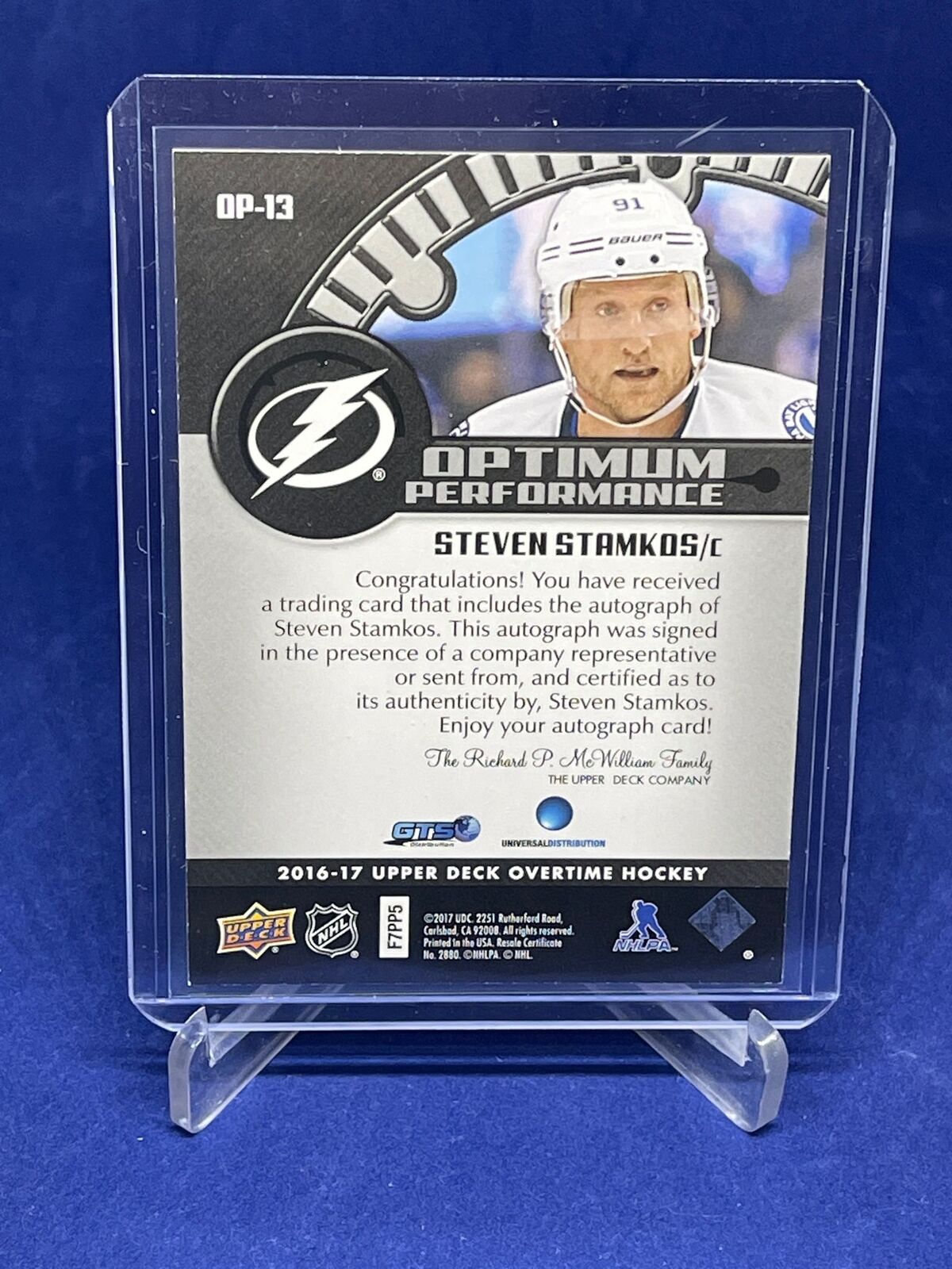 STEVE STAMKOS 2016-17 UD OVERTIME OPTIMUM PERFORMANCE AUTO GOLD #D 3/3