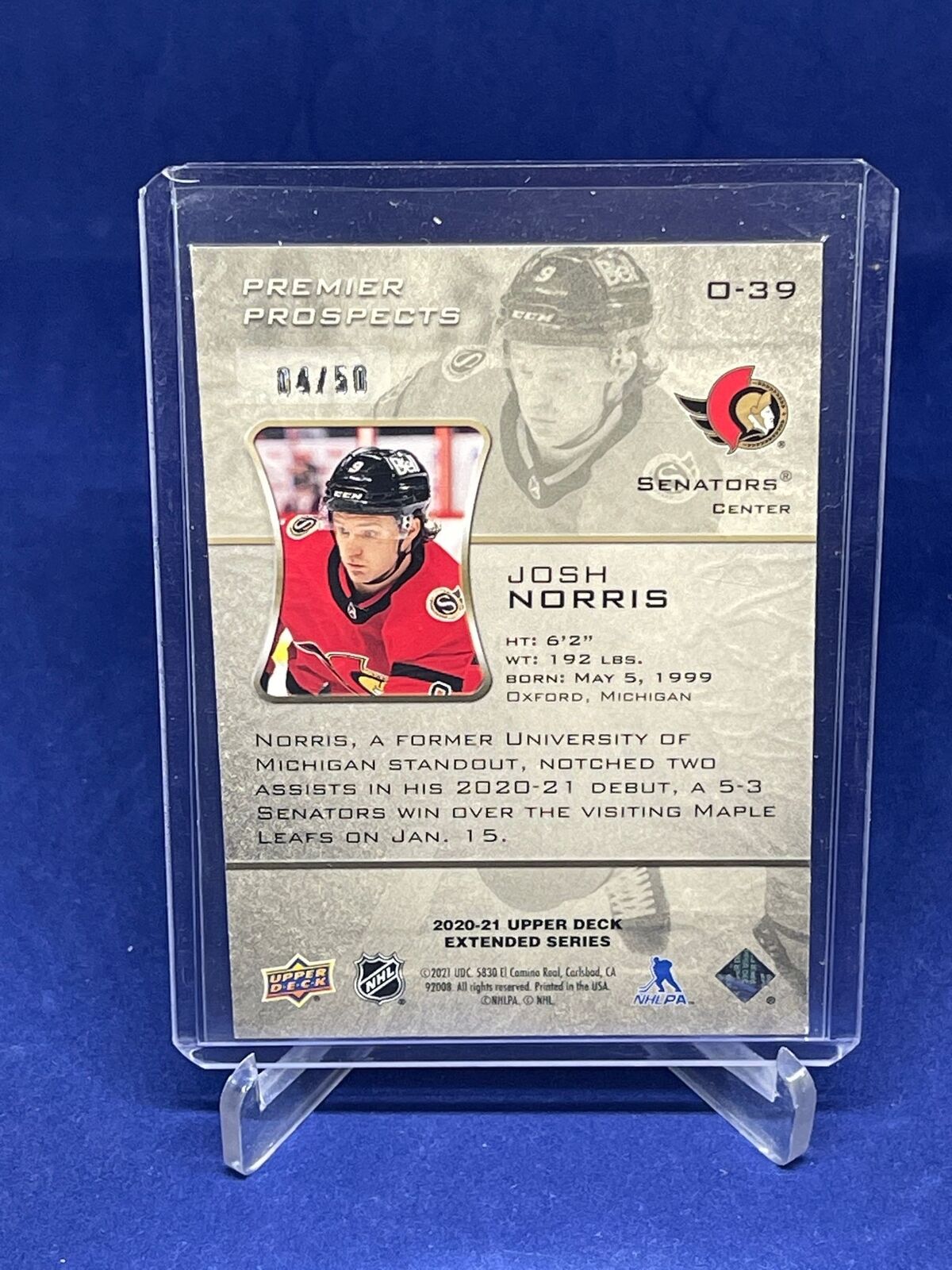 JOSH NORRIS 2020-21 UPPER DECK EXTENDED SERIES OVATION PREMIER PROSPECTS RC /50