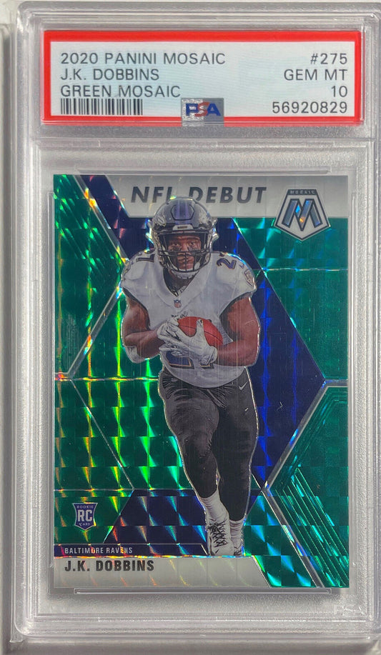 J.K. DOBBINS 2020 PANINI MOSAIC GREEN PRIZM RC #275 PSA 10 GEM MINT POP 54