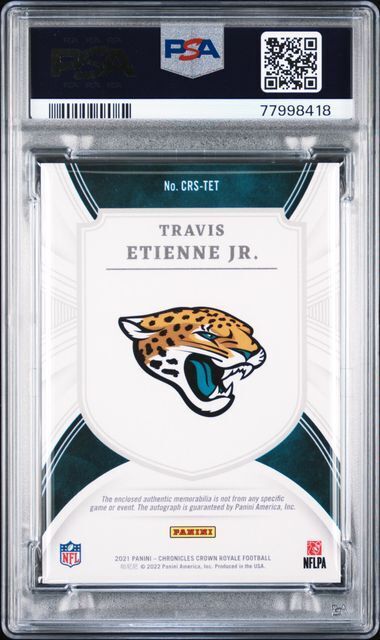 TRAVIS ETIENNE 2021 CHRONICLES CROWN ROYALE SILHOUETTE JERSEY AUTO RC /75 PSA 10