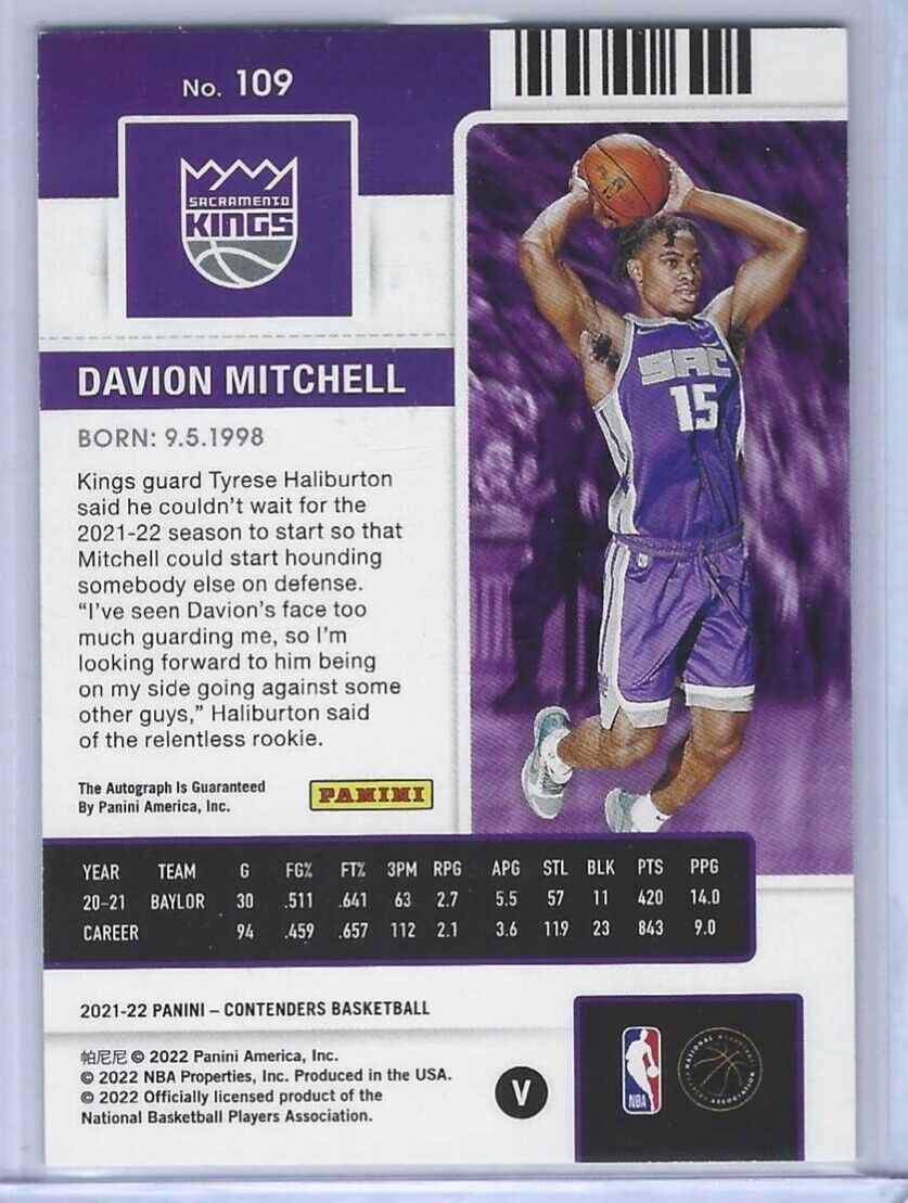 DAVION MITCHELL 2021-22 CONTENDERS PLAYOFF TICKET VARIATION AUTO RC #D 18/99