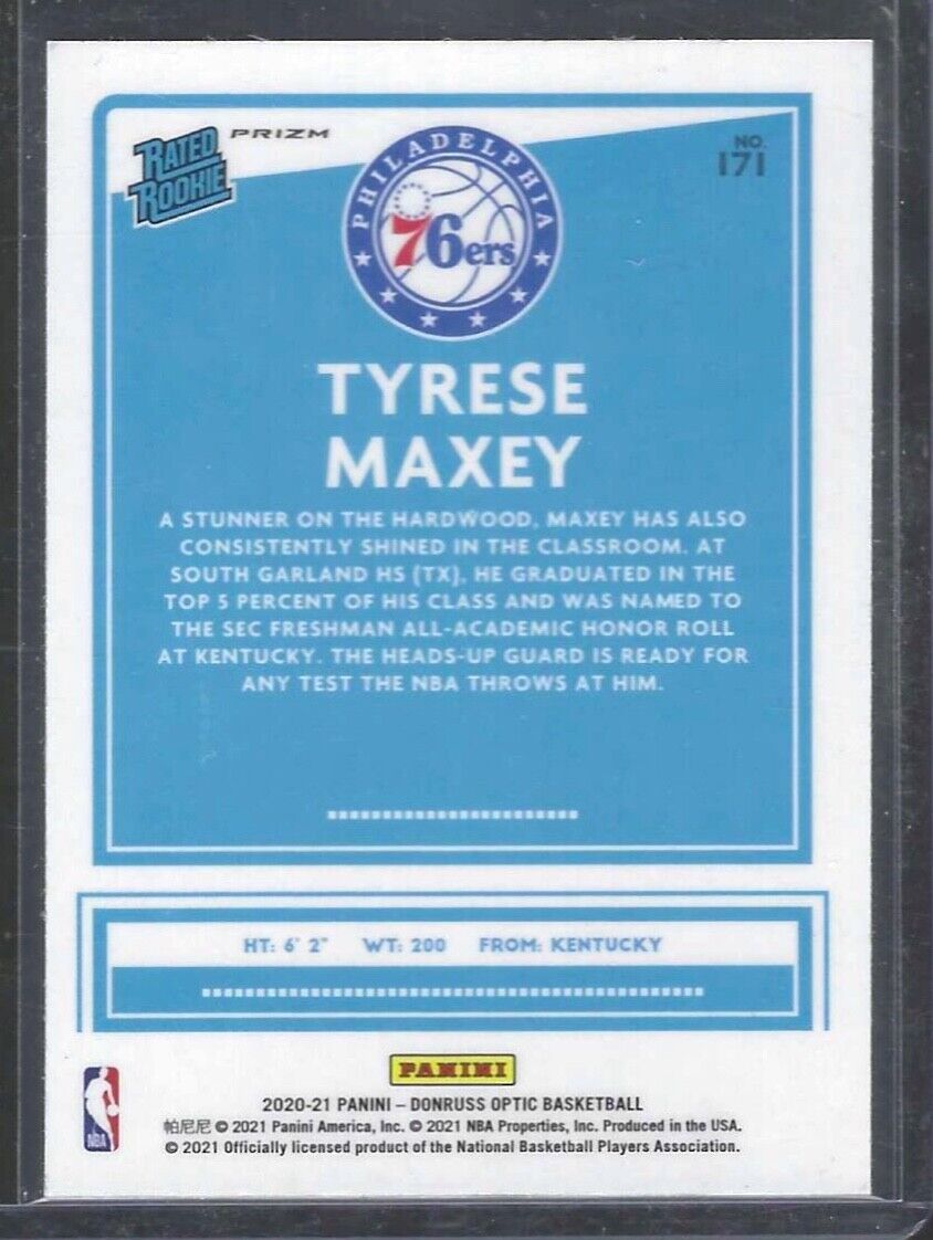 TYRESE MAXEY 2020-21 PANINI DONRUSS OPTIC SILVER HOLO PRIZM RATED ROOKIE RC #171