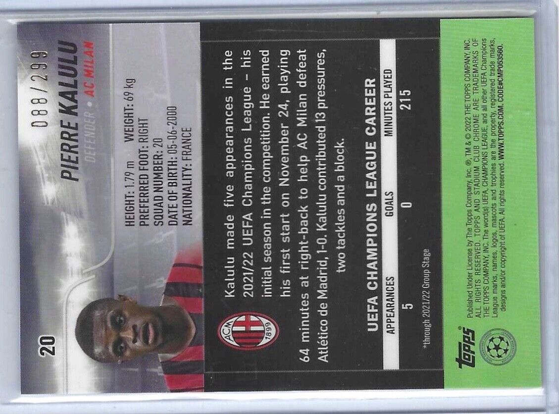 PIERRE KALULU 2021-22 TOPPS STADIUM CLUB CHROME NEGATIVE REFRACTOR RC #D 088/299