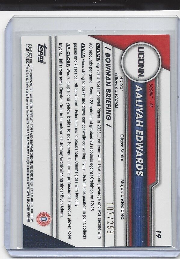 AALIYAH EDWARDS 2023-24 BOWMAN CHROME UNIVERSITY 1ST AQUA REFRACTOR #D 107/299