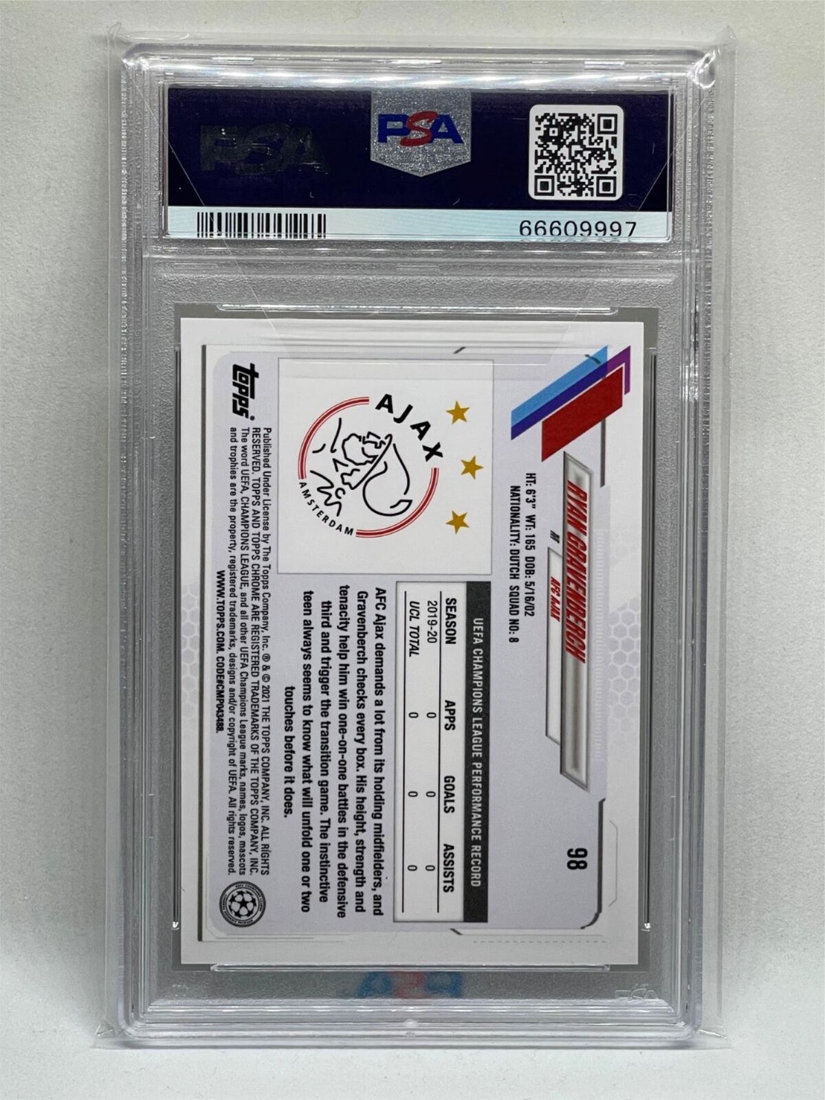 RYAN GRAVENBACH 2020 TOPPS CHROME UCL SPECKLE REFRACTOR ROOKIE RC 98 PSA 9 POP 8