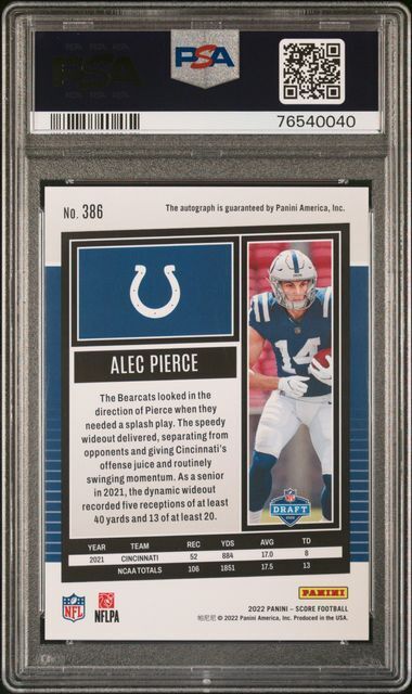 ALEC PIERCE 2022 PANINI SCORE AUTO RC #386 PSA 10 GEM MINT POP 6