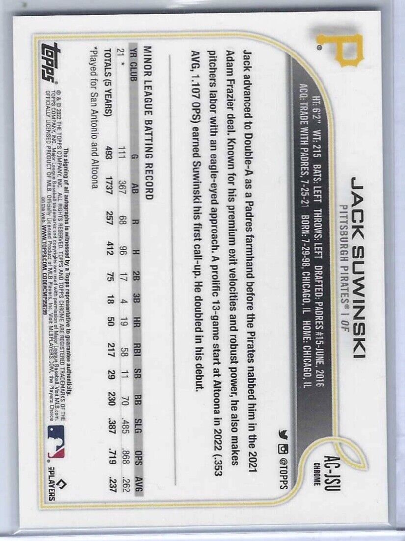 JACK SUWINKSKI 2022 TOPPS CHROME UPDATE REFRACTOR ROOKIE AUTO RC #AC-JSU