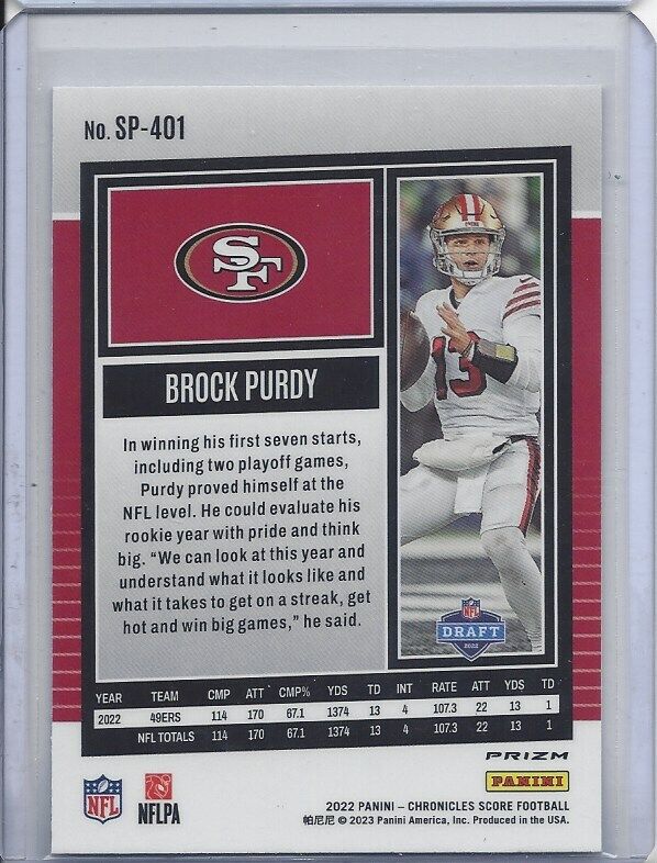 BROCK PURDY 2022 PANINI CHRONICLES SCORE SILVER PRIZM ROOKIE RC #401