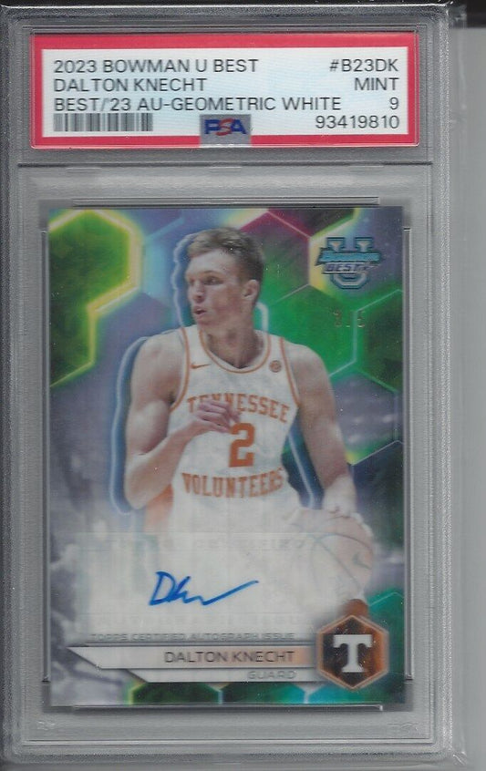 DALTON KNECHT 2023 BOWMAN BEST WHITE GEO REFRACTOR AUTO #D 3/5 PSA 9 JSY NBR #3