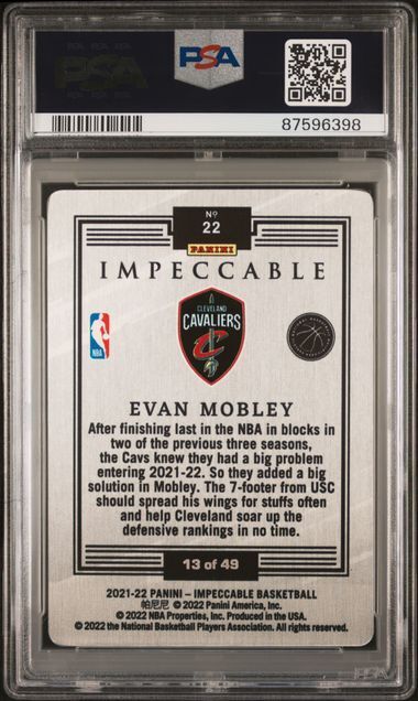 EVAN MOBLEY 2021-22 PANINI IMPECCABLE STAINLESS STARS PURPLE RC /49 PSA 9 POP 2