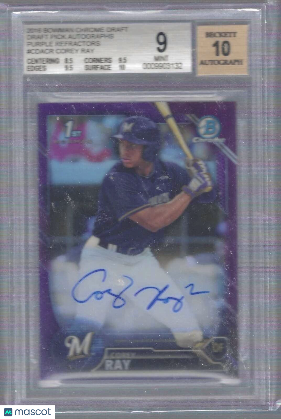 COREY RAY 2016 BOWMAN CHROME PURPLE REFRACTOR 1ST BOWMAN AUTO /250 BGS 9 10 AU