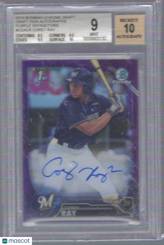 COREY RAY 2016 BOWMAN CHROME PURPLE REFRACTOR 1ST BOWMAN AUTO /250 BGS 9 10 AU