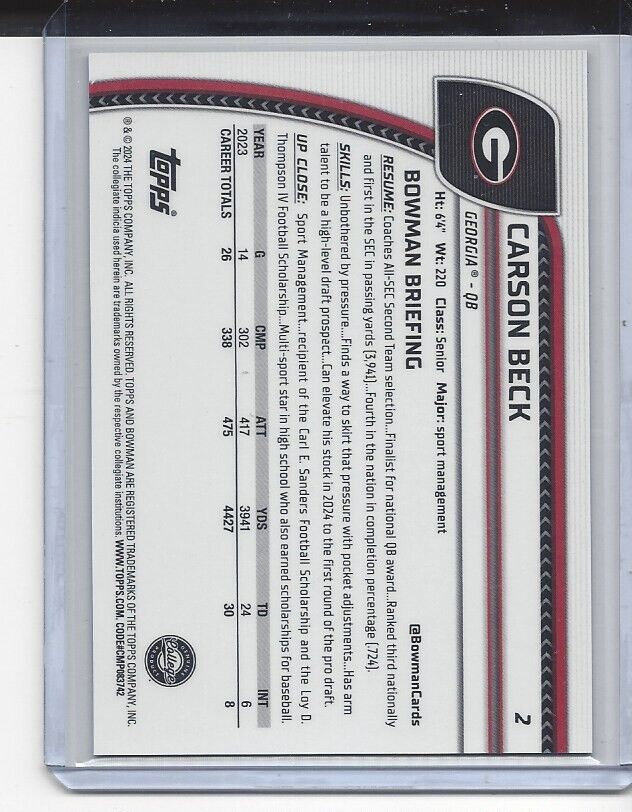 CARSON BECK 2024 BOWMAN CHROME UNIVERSITY RED SHIMMER REFRACTOR #D 3/5