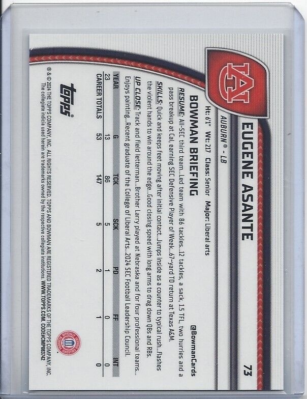 EUGENE ASANTE 2024 BOWMAN CHROME UNIVERSITY AQUA MINI DIAMOND REFRACTOR #D /275