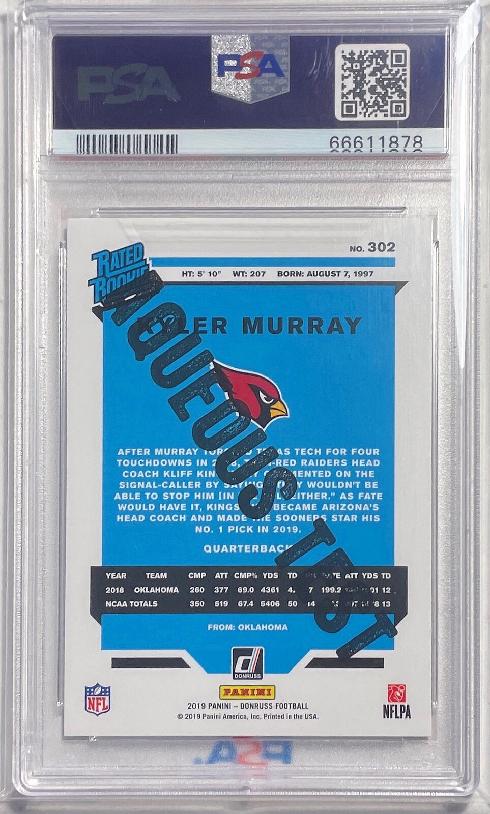 KYLER MURRAY 2019 DONRUSS AQUEOUS TEST ROOKIE RC SSP #302 PSA 10 GEM MINT POP 17