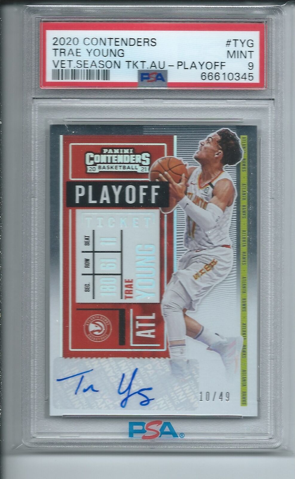 TRAE YOUNG 2020-21 CONTENDERS VETERAN PLAYOFF TICKET AUTO 10/49 PSA 9 MINT POP 7